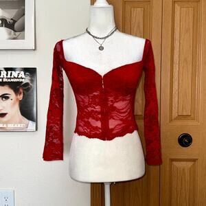 Fashion Nova Lace Bustier Top Women's Red Long Sleeve XS Coquette Romance